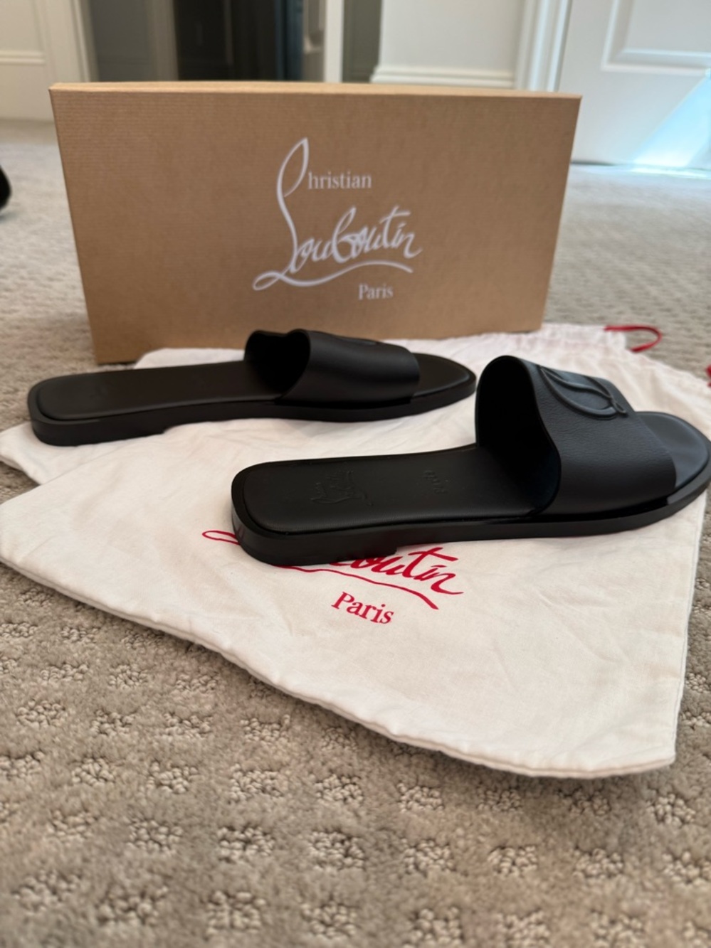 Christian Louboutin Black Embossed Logo Leather Flat Mule Sandal size 41 - Picture 5 of 12